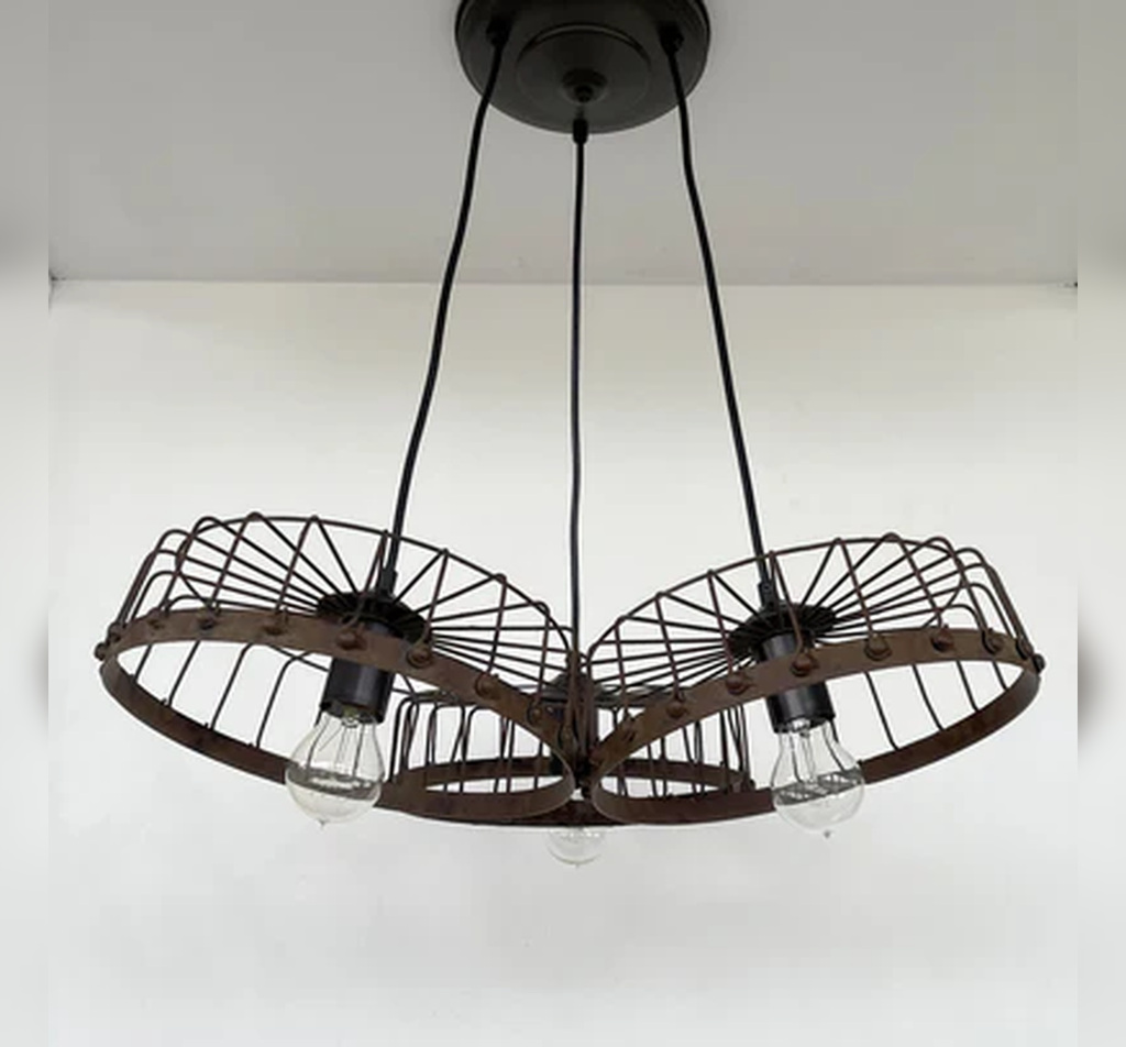 Rustic Industrial Wagon Wheel CHANDELIER TRIO Light