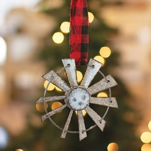 Glittered Windmill Ornament w/ Buffalo Check Hanger (Pack of 4)