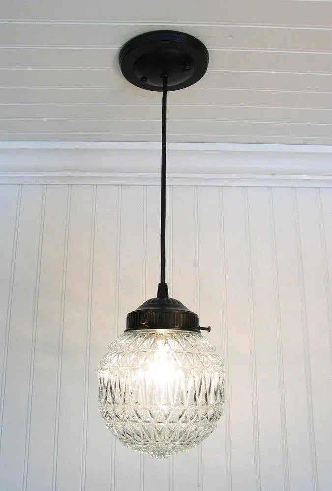 RARE Vintage Diamond-Cut Glass Globe Ceiling Light