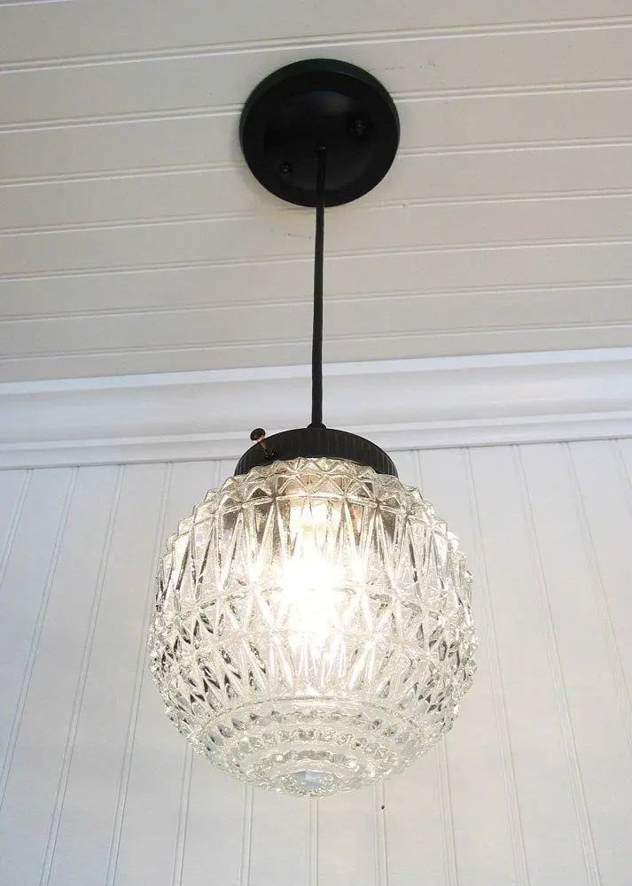 RARE Vintage Diamond-Cut Glass Globe Ceiling Light