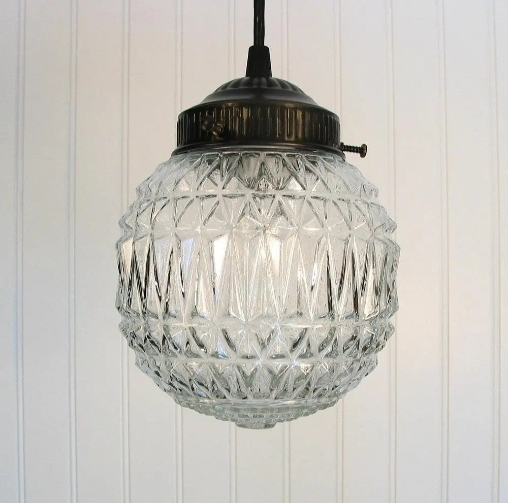 RARE Vintage Diamond-Cut Glass Globe Ceiling Light