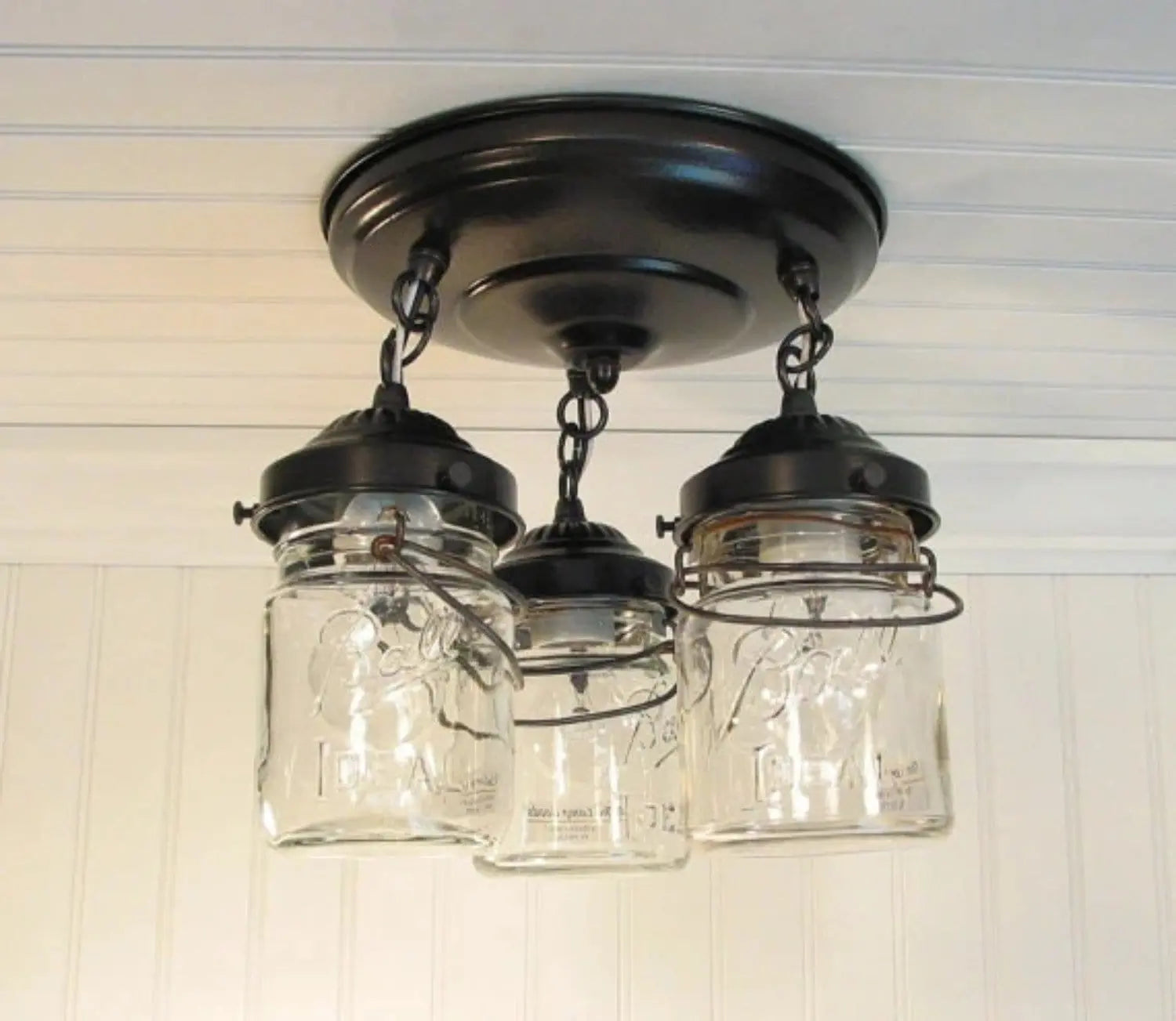 Mason Jar LIGHT FIXTURE Vintage PINT Chain Trio