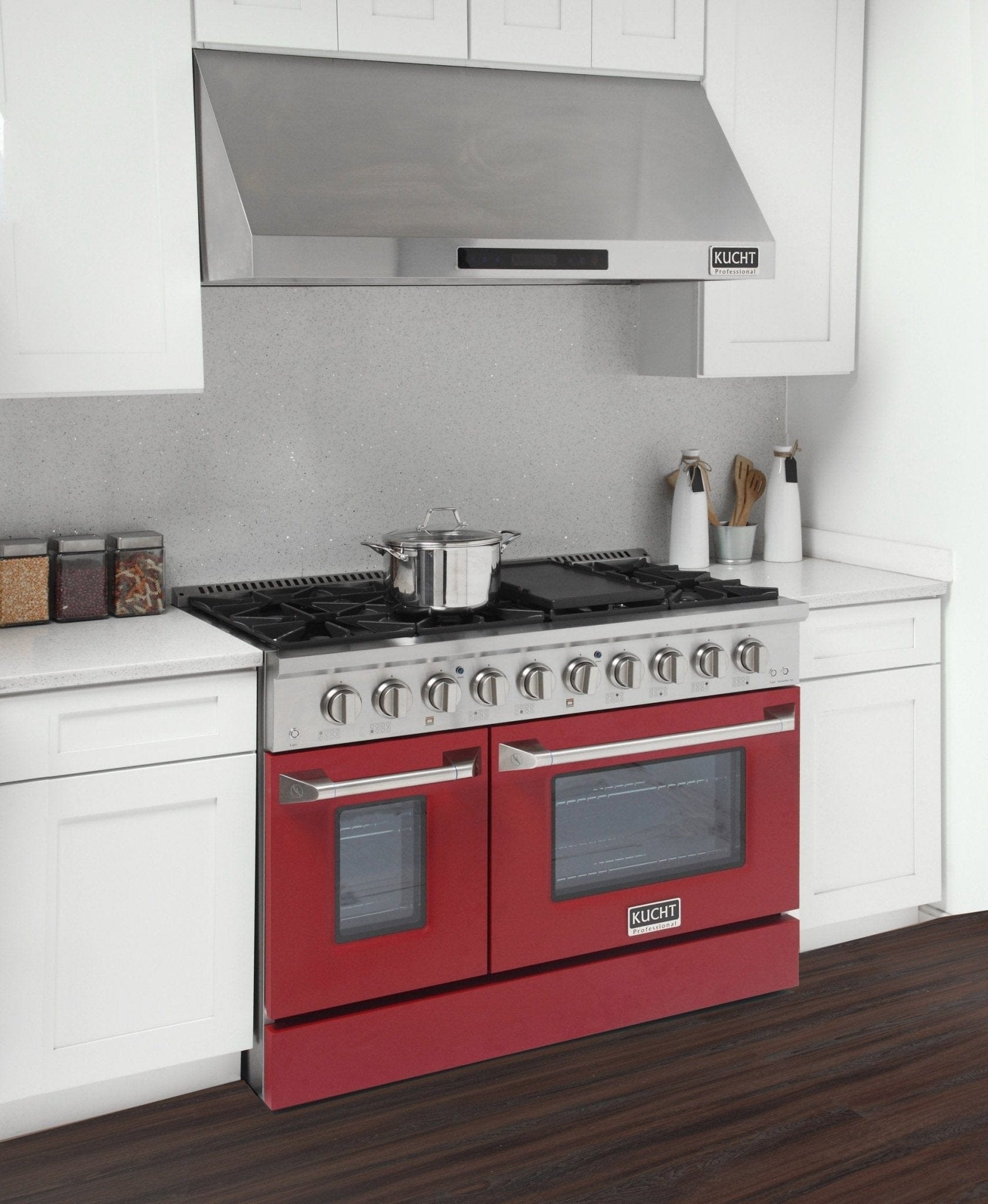 Kucht 48" Gas Range in Stainless Steel, Red Oven Doors, KNG481-R
