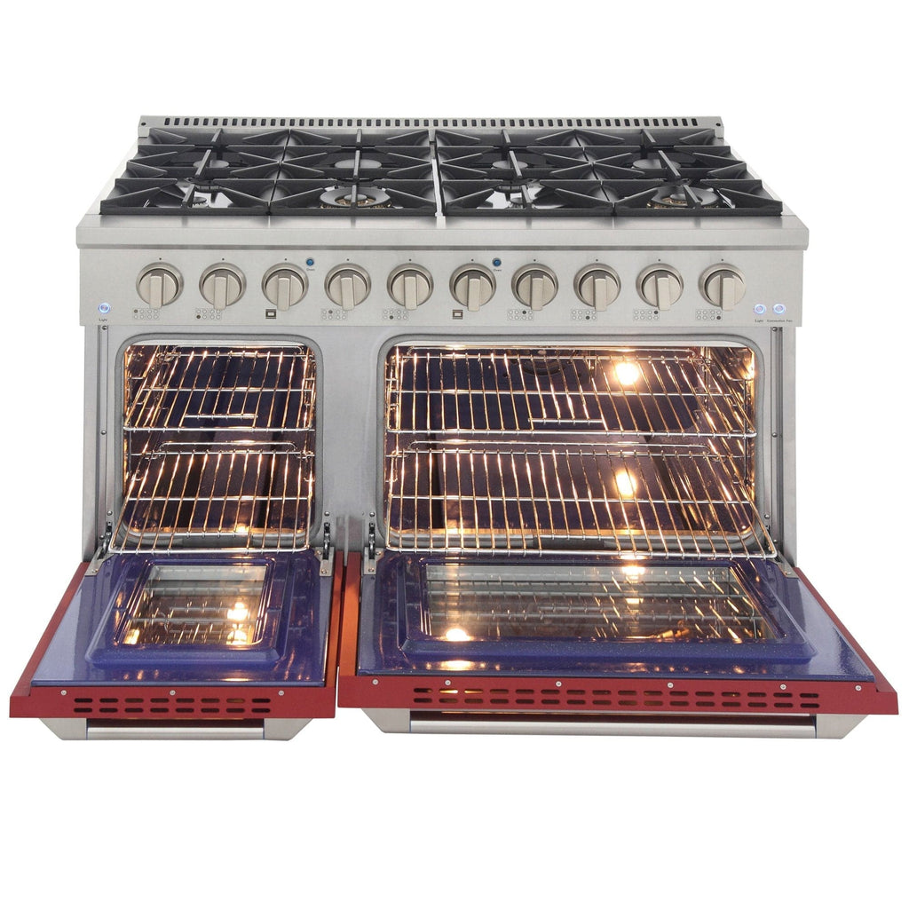 Kucht 48" Gas Range in Stainless Steel, Red Oven Doors, KNG481-R