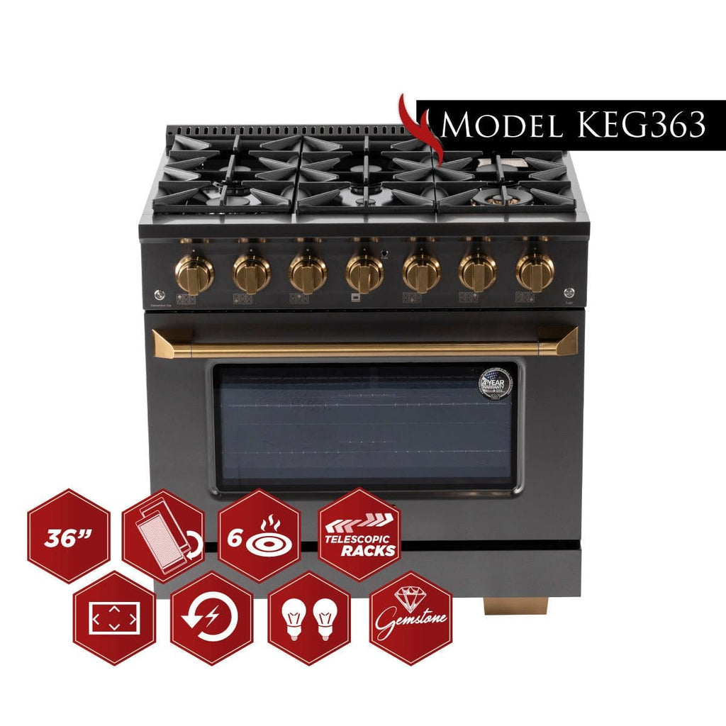 Kucht Gemstone Professional 36 in. 5.2 cu. ft. Natural Gas Range with Sealed Burners and Convection Oven in Titanium Stainless Steel KEG363