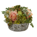 Roses Bouquet Artificial Arrangement in Oak Vase
