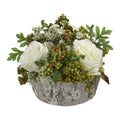 Roses Bouquet Artificial Arrangement in Oak Vase