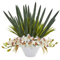 Cymbidium Orchid Artificial Arrangement in White Bowl