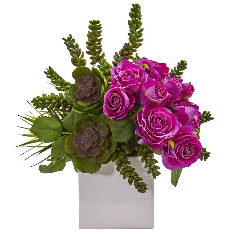 14" Rose & Succulent Artificial Arrangement in White Vase