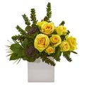 14" Rose & Succulent Artificial Arrangement in White Vase
