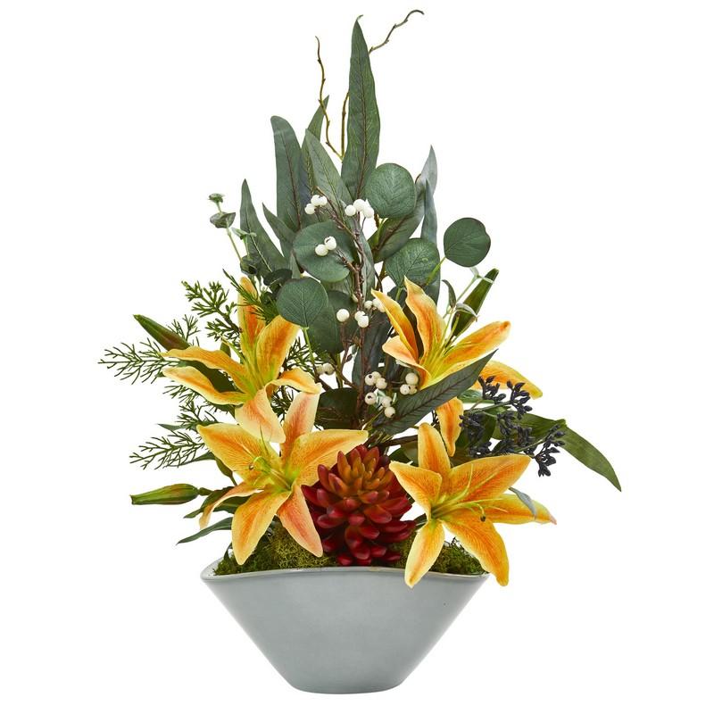 22" Lilies, Succulent and Eucalyptus Artificial Arrangement