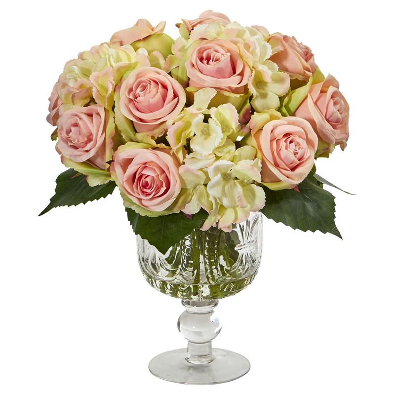 Rose and Hydrangea Artificial Arrangement in Royal Glass Urn
