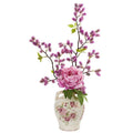 25" Peony and Thistle Artificial Arrangement in Flower Print Jar