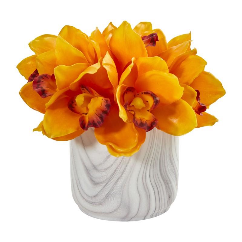 Cymbidium Orchid Artificial Arrangement in Marble Vase