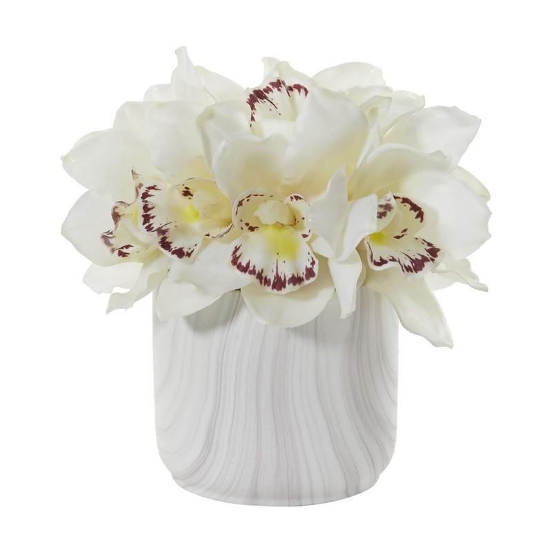Cymbidium Orchid Artificial Arrangement in Marble Vase