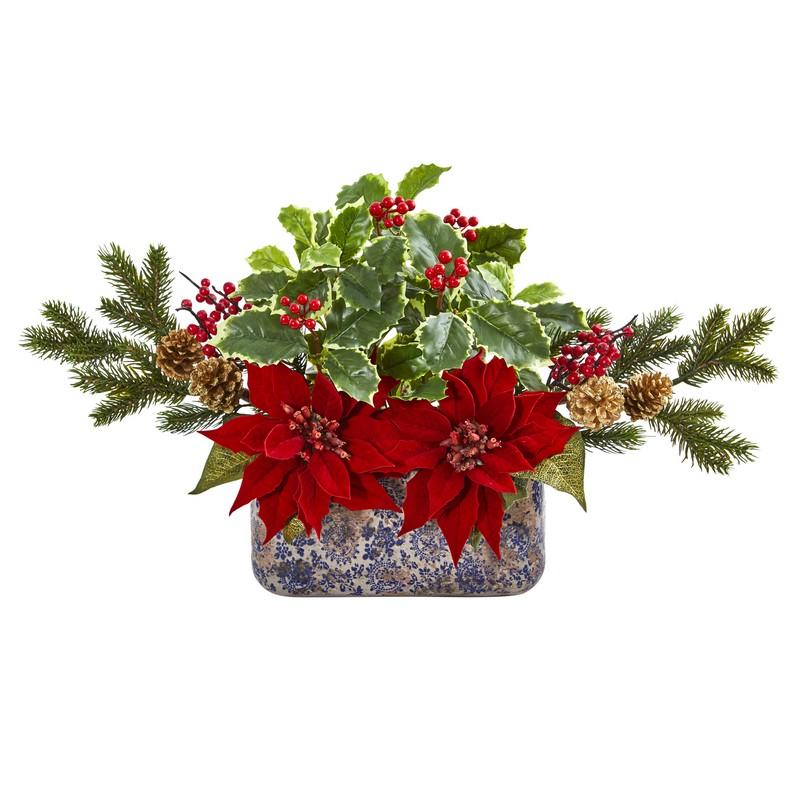 Poinsettia, Berry and Holly Artificial Arrangement in Vase