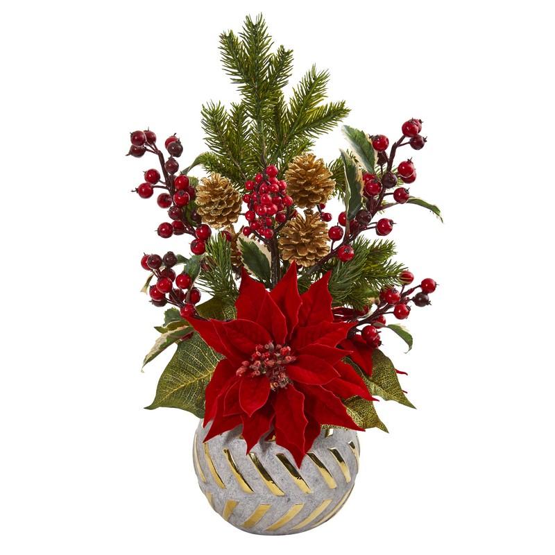 Poinsettia, Berry and Pine Artificial Arrangement in Designer Vase