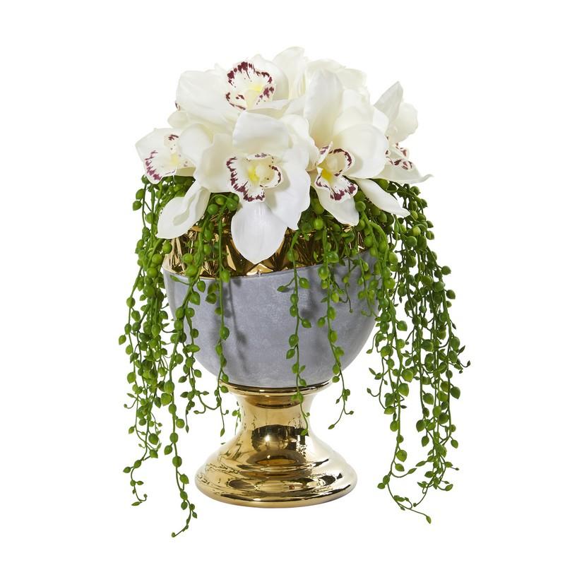 13" Cymbidium Orchid Artificial Arrangement in Designer Urn