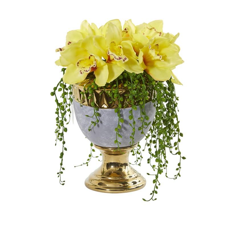 13" Cymbidium Orchid Artificial Arrangement in Designer Urn