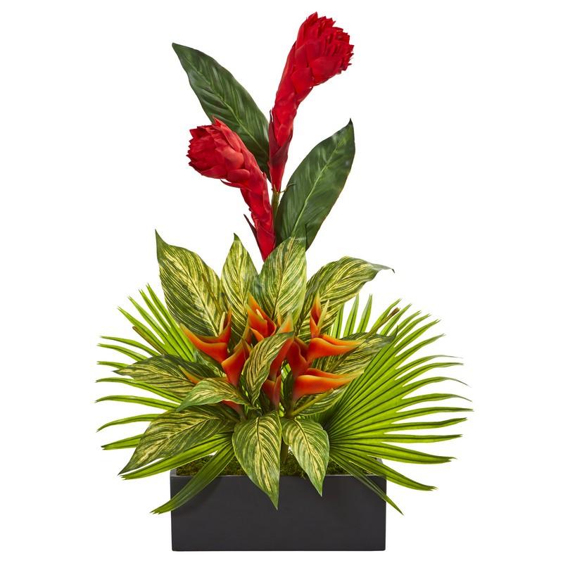 Tropical Artificial Arrangement in Black Vase