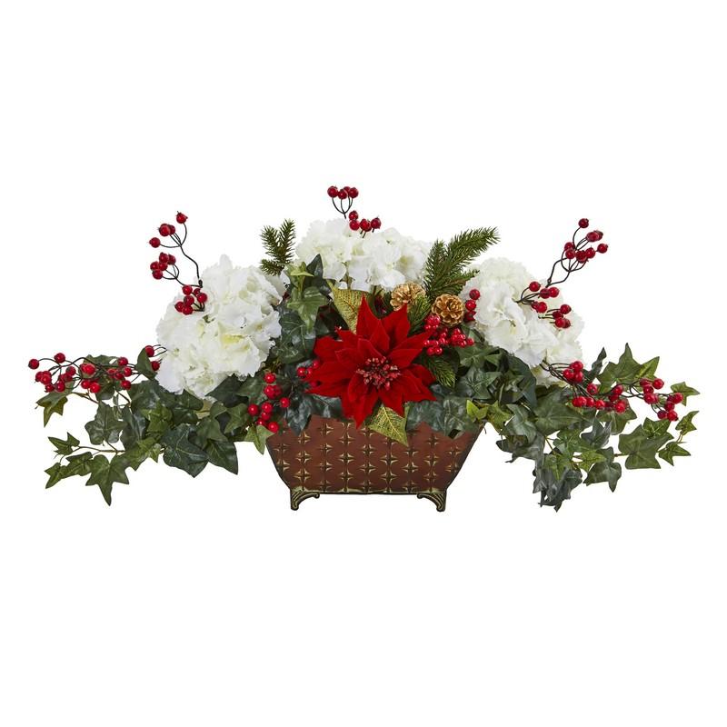 Poinsettia, Hydrangea and Ivy Artificial Arrangement