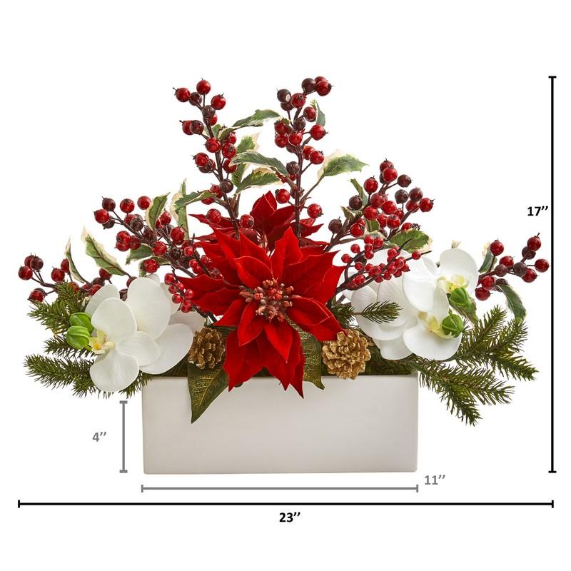 Phalaenopsis Orchid, Poinsettia and Holly Berry Artificial Arrangement