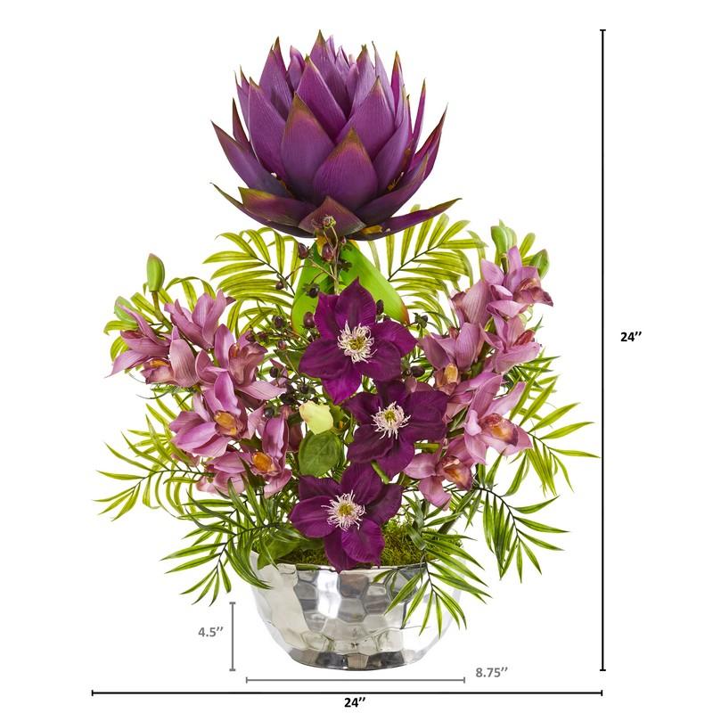 24" Cymbidium Orchid and Mixed Floral Artificial Arrangement in Silver Vase