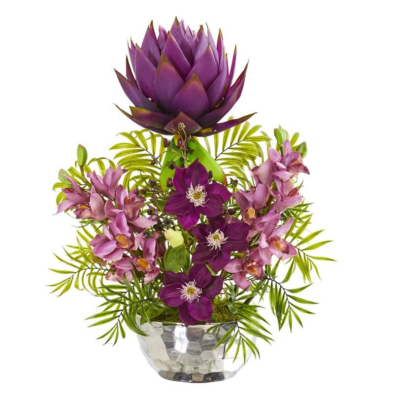 24" Cymbidium Orchid and Mixed Floral Artificial Arrangement in Silver Vase