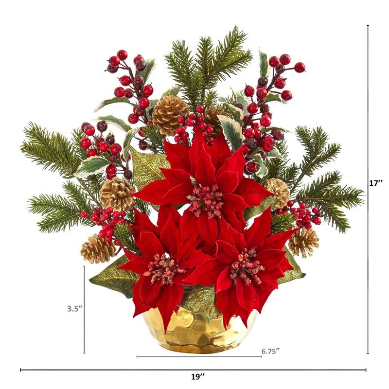 17" Poinsettia, Holly Berry and Pine Artificial Arrangement