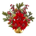 17" Poinsettia, Holly Berry and Pine Artificial Arrangement