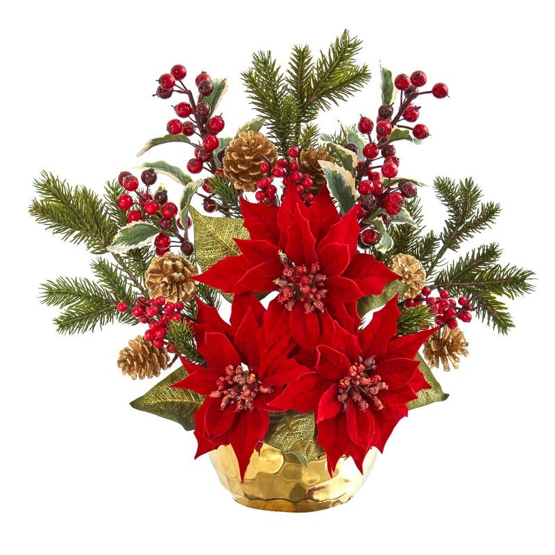 17" Poinsettia, Holly Berry and Pine Artificial Arrangement