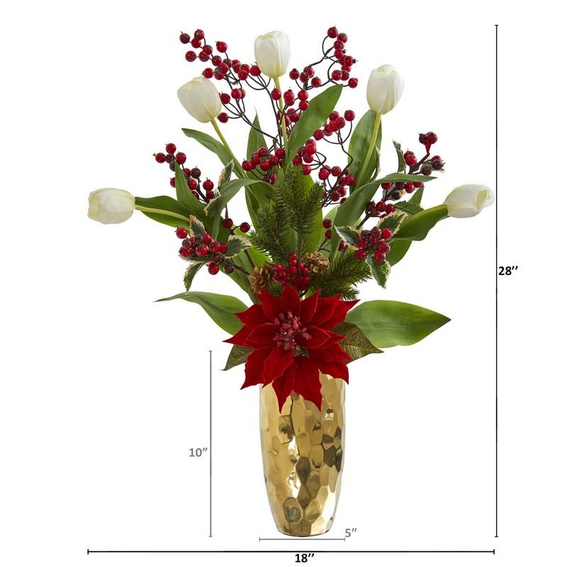 28" Tulip, Poinsettia and Berry Artificial Arrangement in Golden Vase