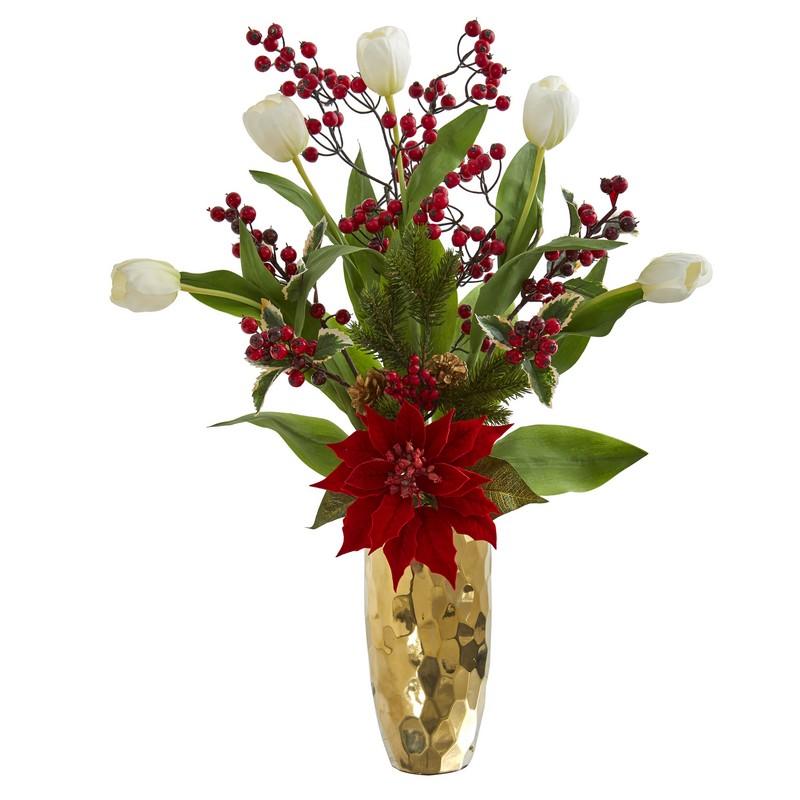 28" Tulip, Poinsettia and Berry Artificial Arrangement in Golden Vase