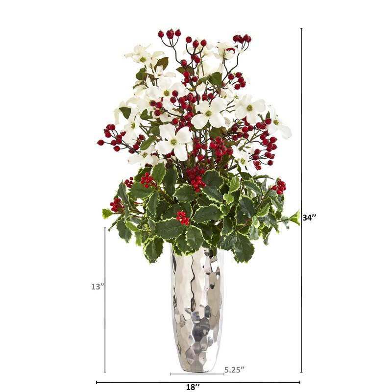 34" Dogwood and Holly Berry Artificial Arrangement in Silver Vase