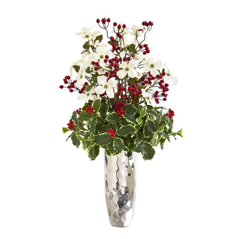 34" Dogwood and Holly Berry Artificial Arrangement in Silver Vase