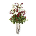 34" Dogwood and Holly Berry Artificial Arrangement in Silver Vase