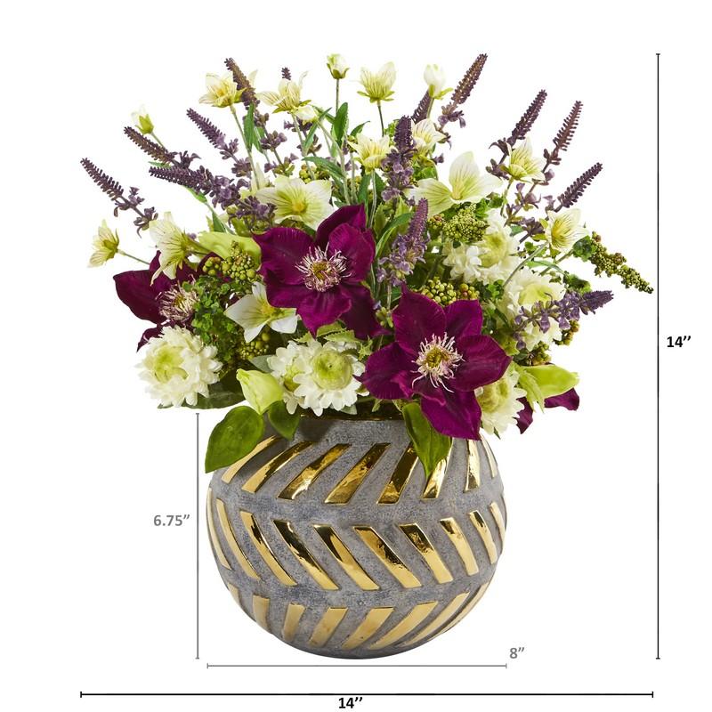 14" Mixed Artificial Flower Arrangement in Stoneware Vase with Gold Trimming