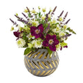 14" Mixed Artificial Flower Arrangement in Stoneware Vase with Gold Trimming