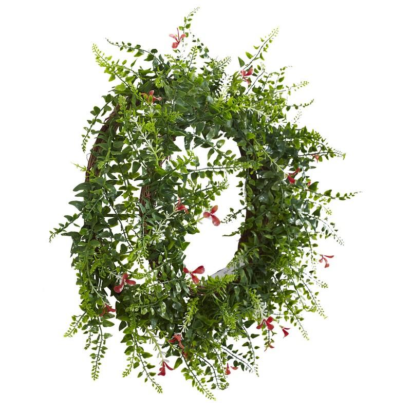 18" Floral & Fern Double Ring Wreath w/Twig Base