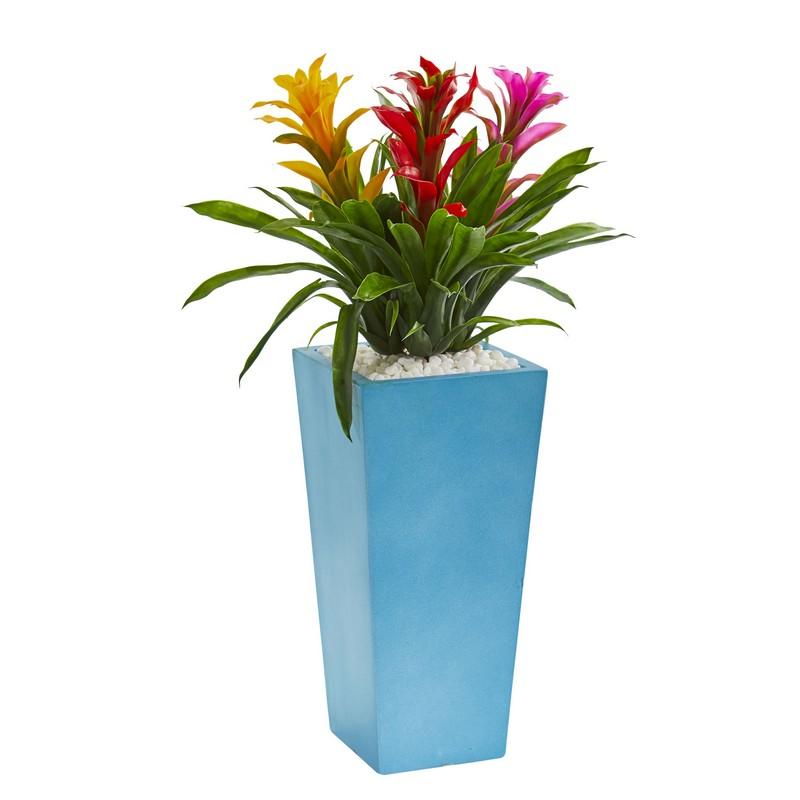 26" Triple Bromeliad Artificial Plant in Turquoise Tower Vase