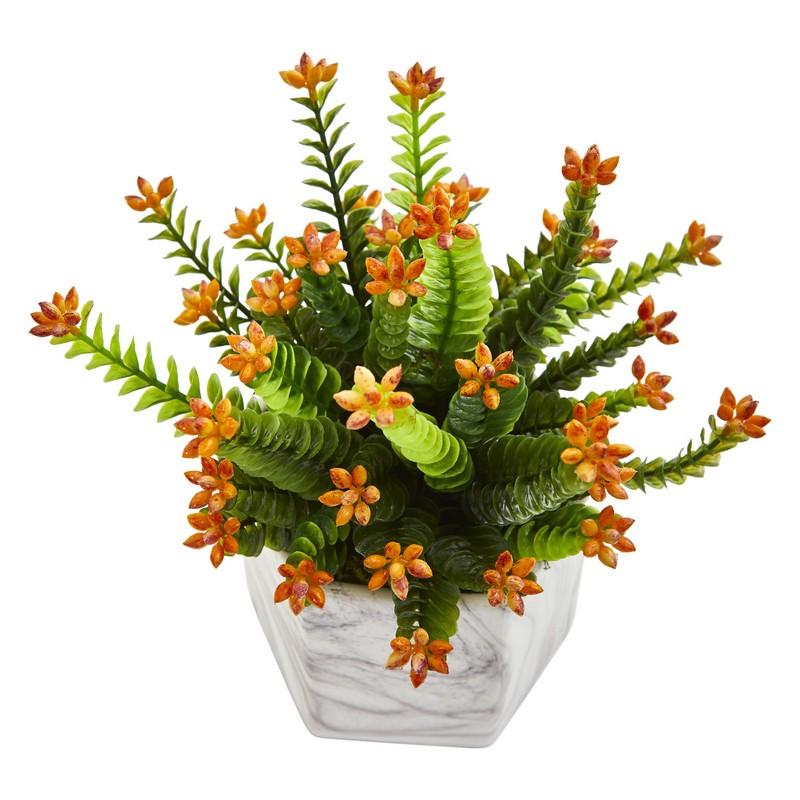 Flowering Sedum Artificial Plant in Marble Vase