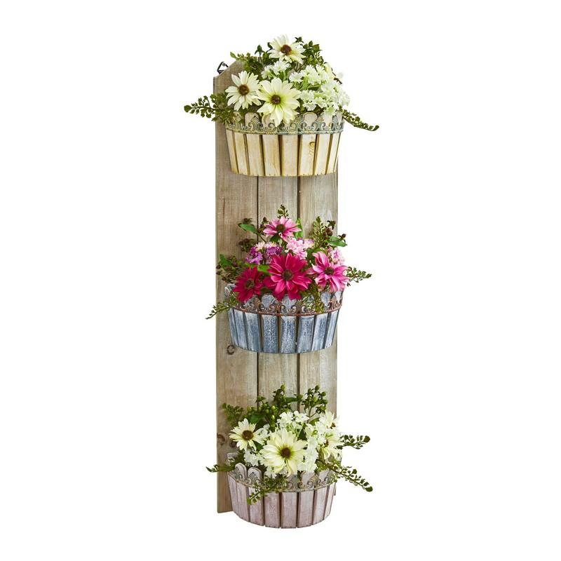 39" Mixed Daisy Artificial Plant in Three-Tiered Wall Decor Planter