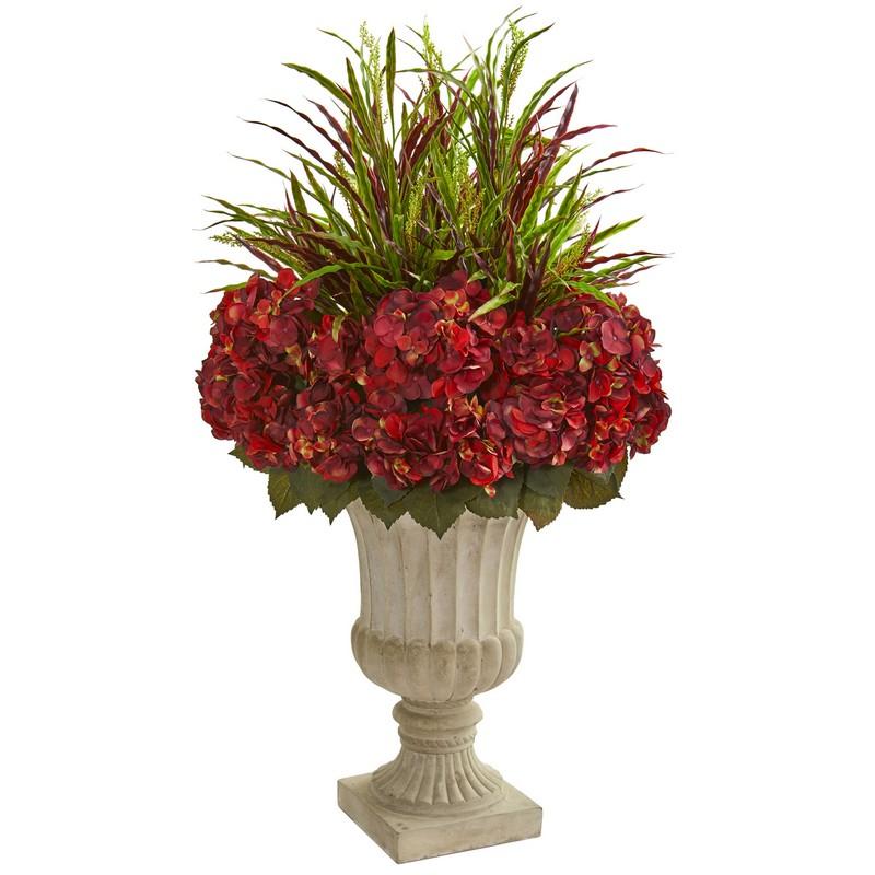 43" Hydrangea and Grass Artificial Plant in Stone Urn