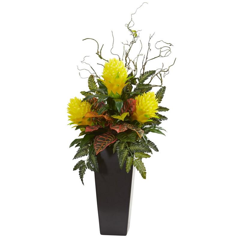42" Bromeliad and Croton Artificial Plant in Black Vase