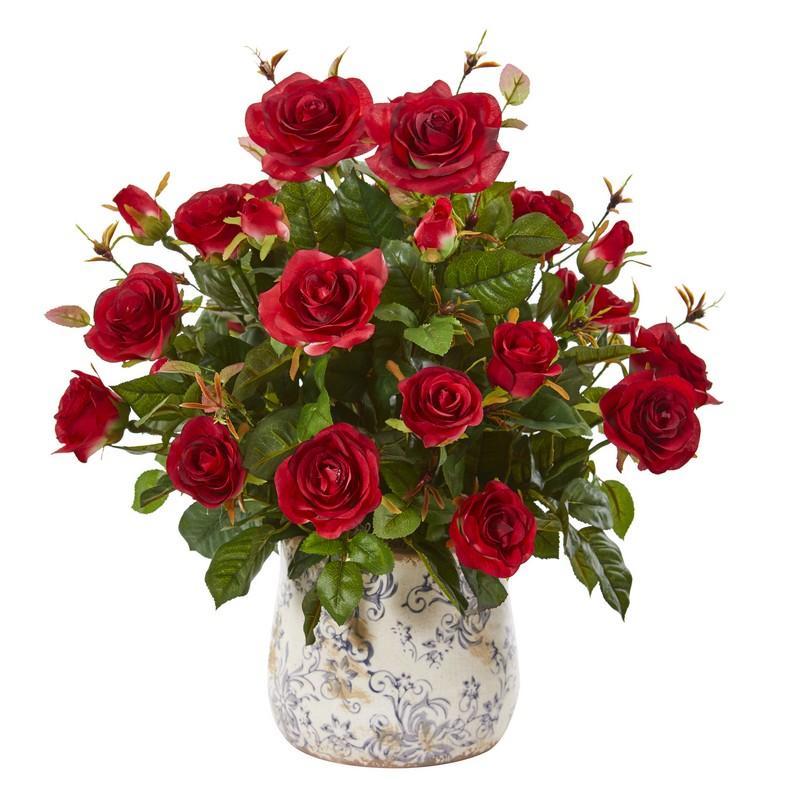 21" Garden Rose Artificial Plant in Decorative Vase