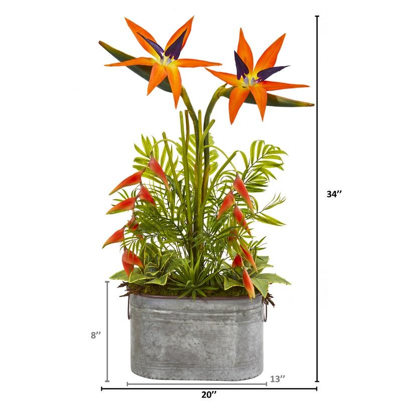 34" Tropical and Greens Artificial Plant in Metal Planter