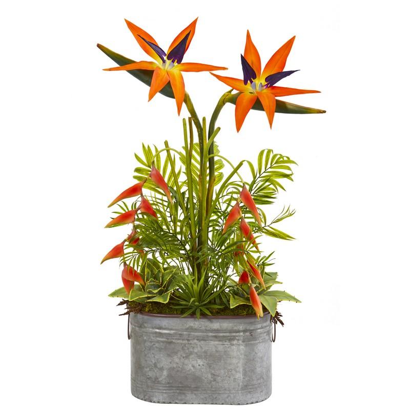34" Tropical and Greens Artificial Plant in Metal Planter