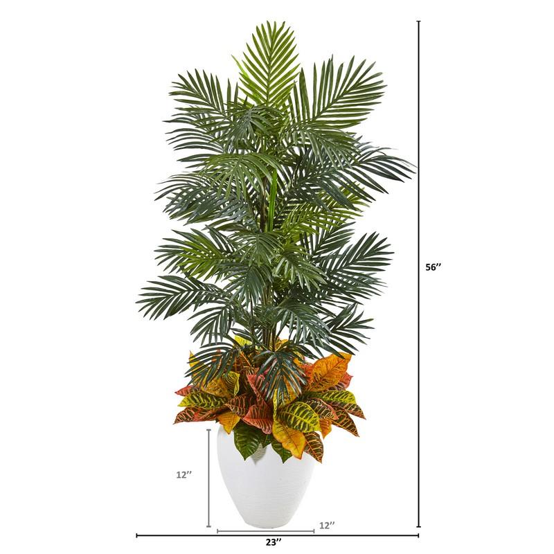 56" Areca Palm and Croton Artificial Plant in White Planter