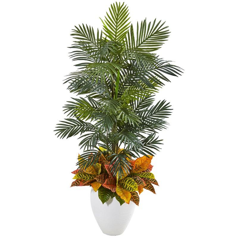 56" Areca Palm and Croton Artificial Plant in White Planter