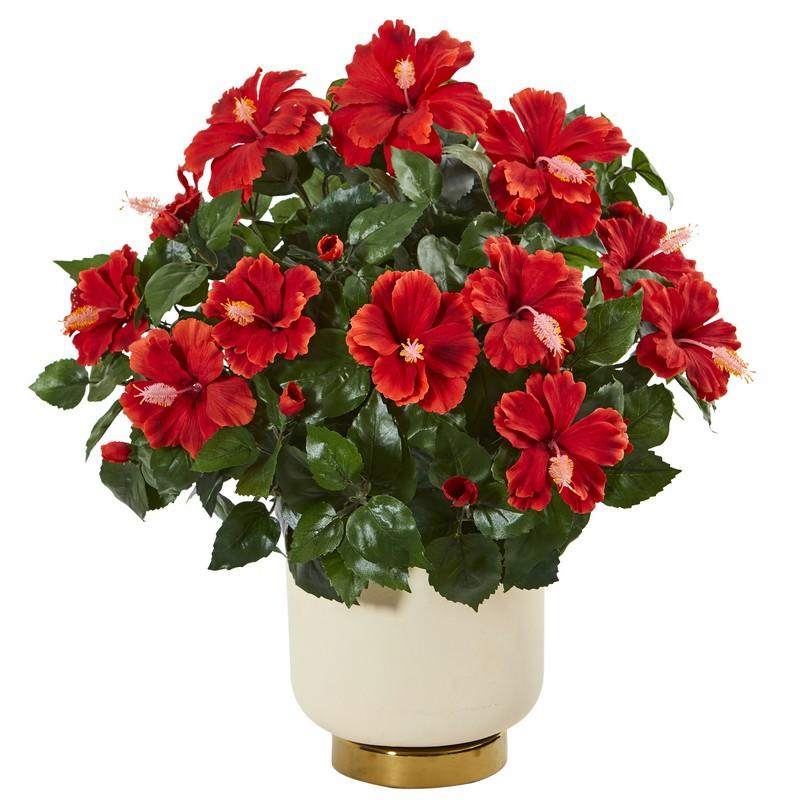 22" Hibiscus Artificial Plant in White Bowl